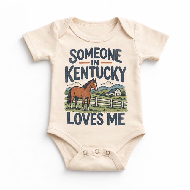 Someone in Kentucky Loves Me design on a natural beige baby bodysuit