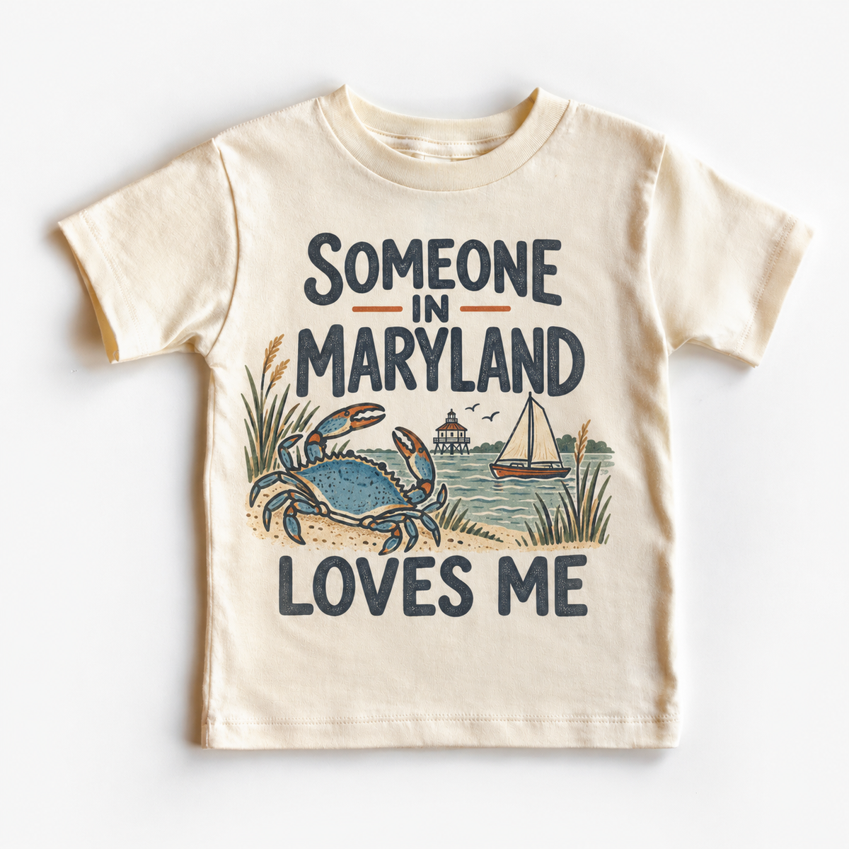 Someone in Maryland Loves Me design on a natural beige short sleeve T-shirt