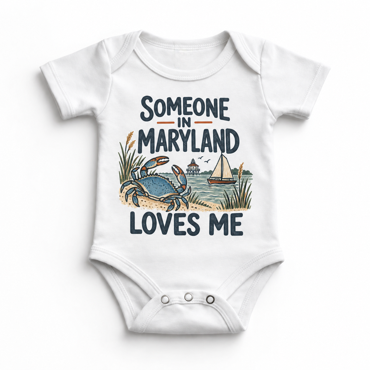 Someone in Maryland Loves Me design on a white baby bodysuit