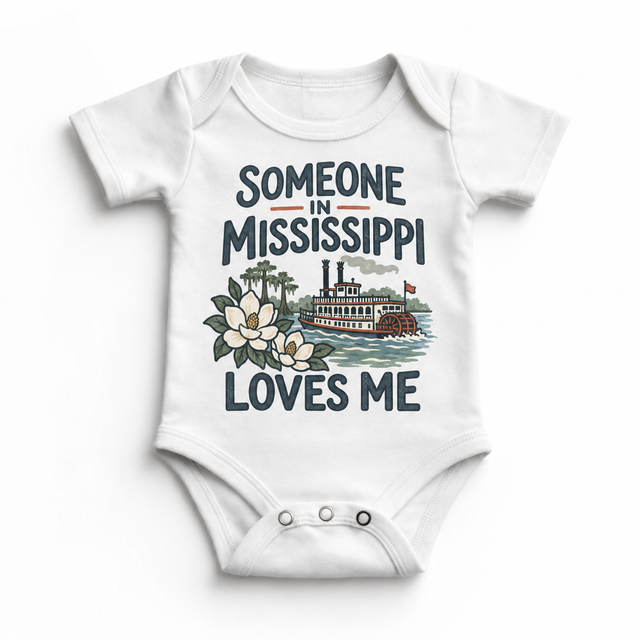 Someone in Mississippi Loves Me design on a white baby bodysuit