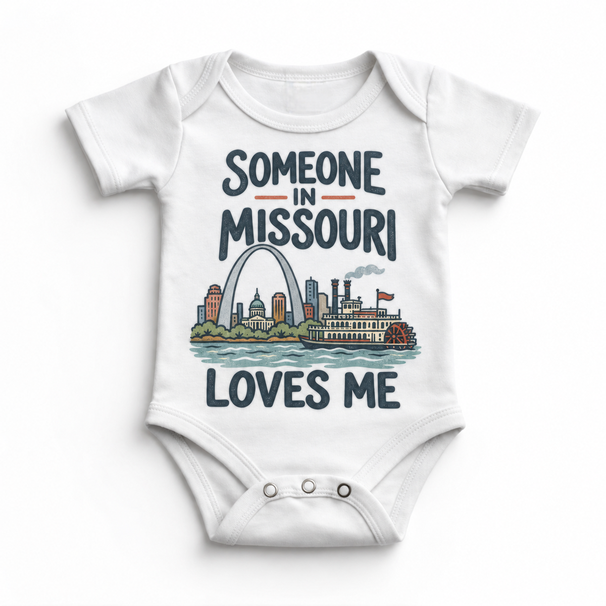 Someone in Missouri Loves Me design on a white baby bodysuit