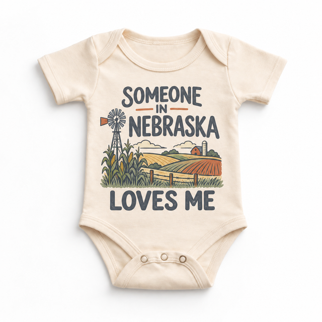 Someone in Nebraska Loves Me design on a natural beige baby bodysuit