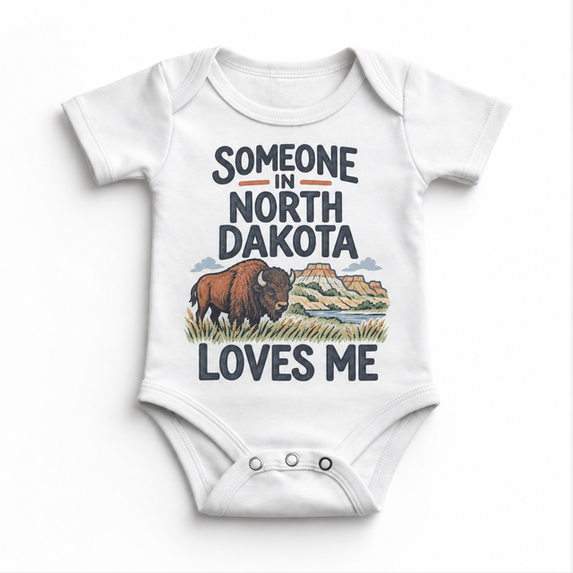 Someone in North Dakota Loves Me design on a white baby bodysuit