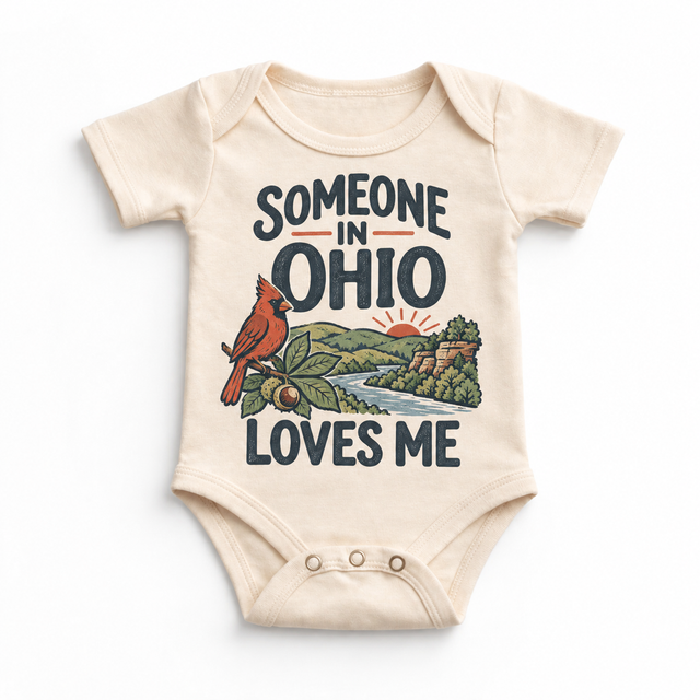 Someone in Ohio Loves Me design on a natural beige baby bodysuit