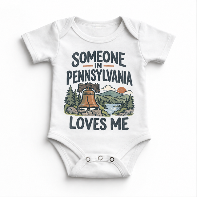 Someone in Pennsylvania Loves Me design on a white baby bodysuit