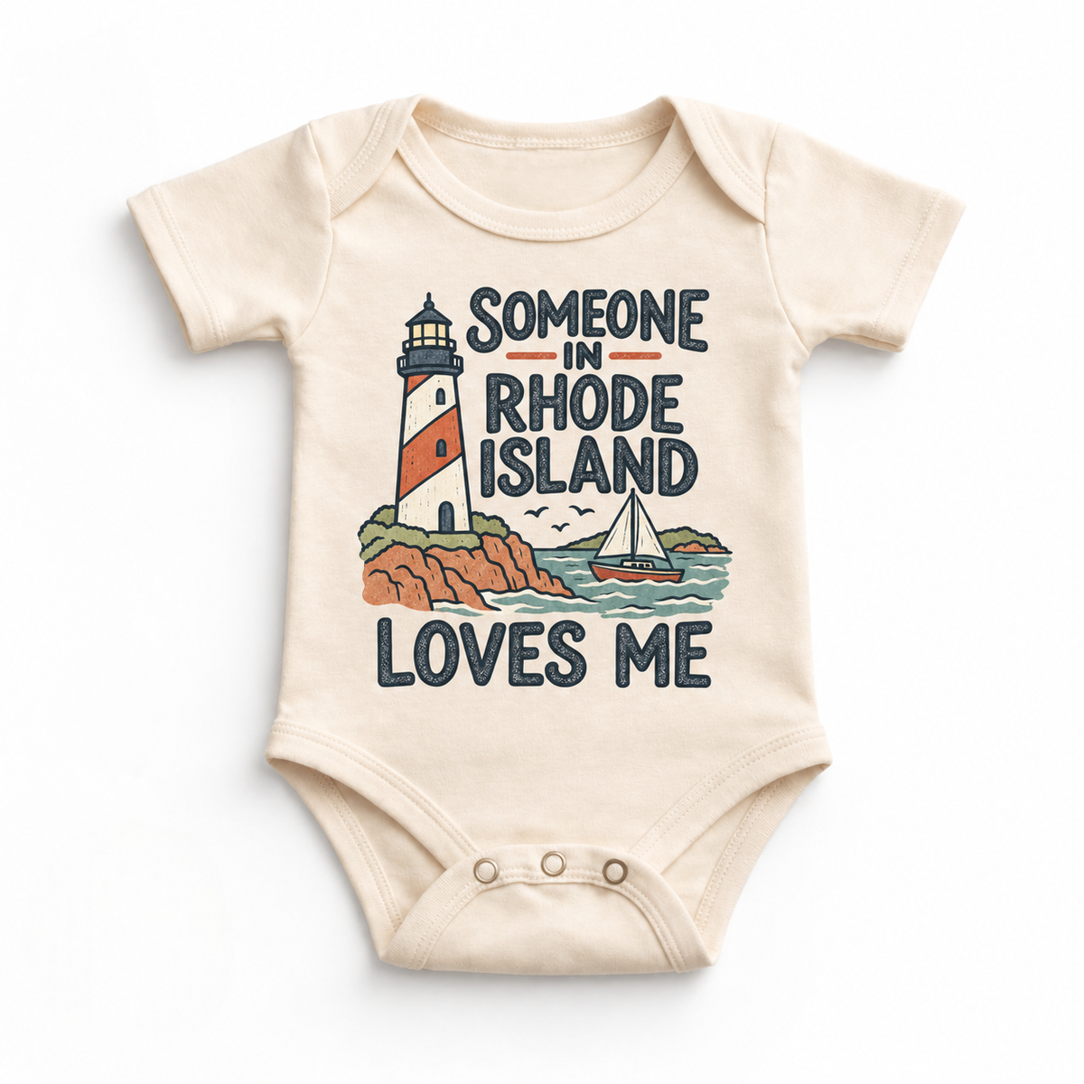 Someone in Rhode Island Loves Me design on a natural beige baby bodysuit