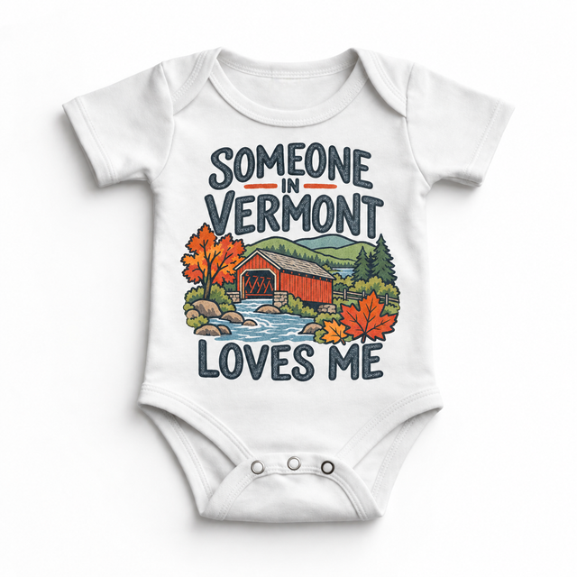 Someone in Vermont Loves Me design on a white baby bodysuit