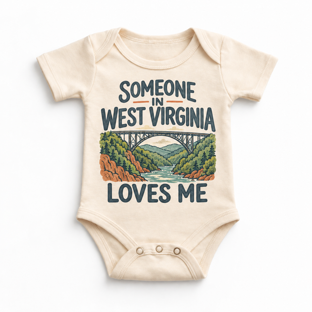 Someone in West Virginia Loves Me design on a natural beige baby bodysuit