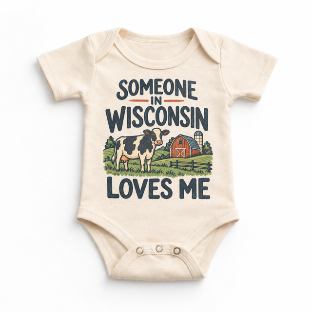 Someone in Wisconsin Loves Me design on a natural beige baby bodysuit
