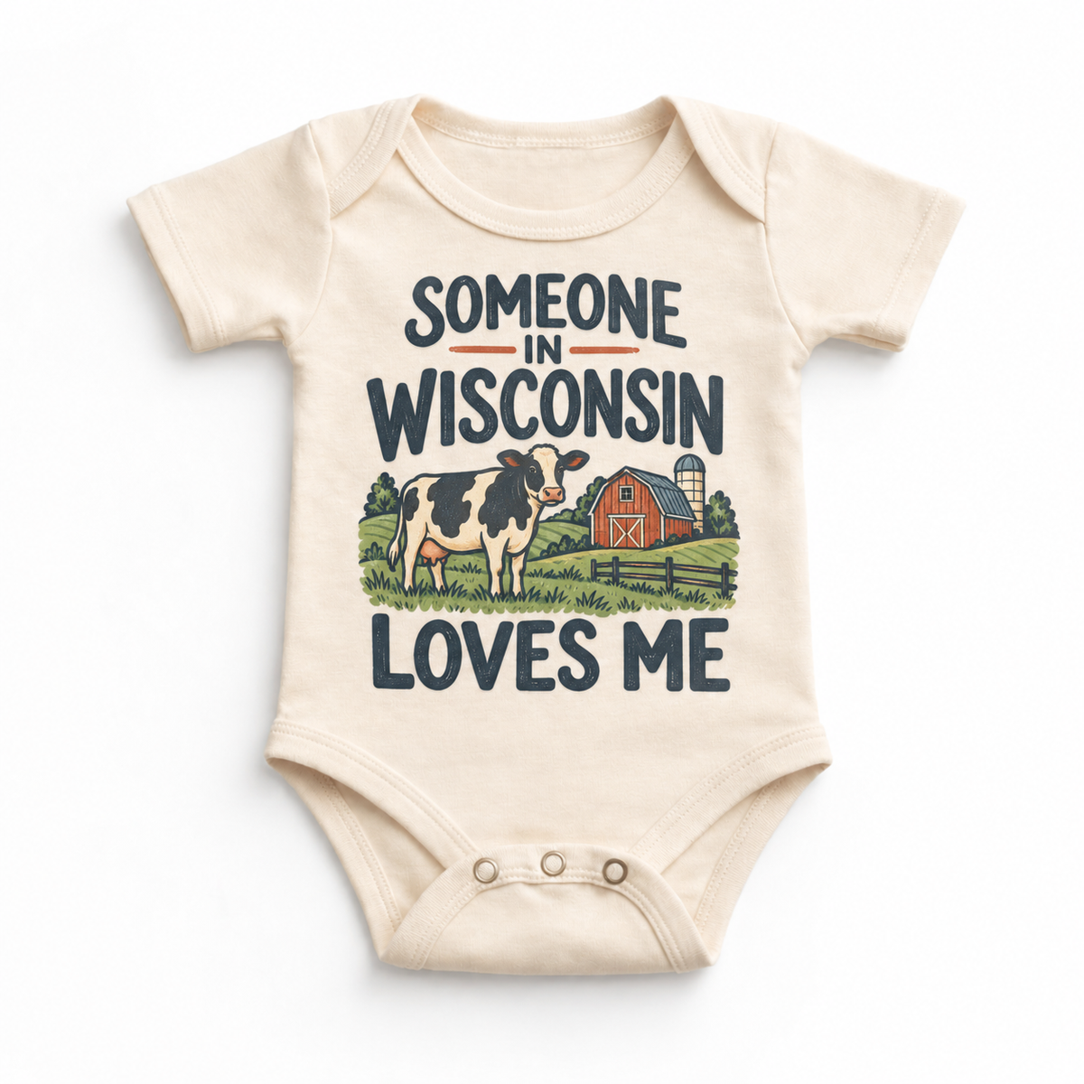 Someone in Wisconsin Loves Me design on a natural beige baby bodysuit