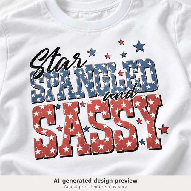 AI-generated design-detail preview of Star Spangled and Sassy artwork; actual print texture may vary