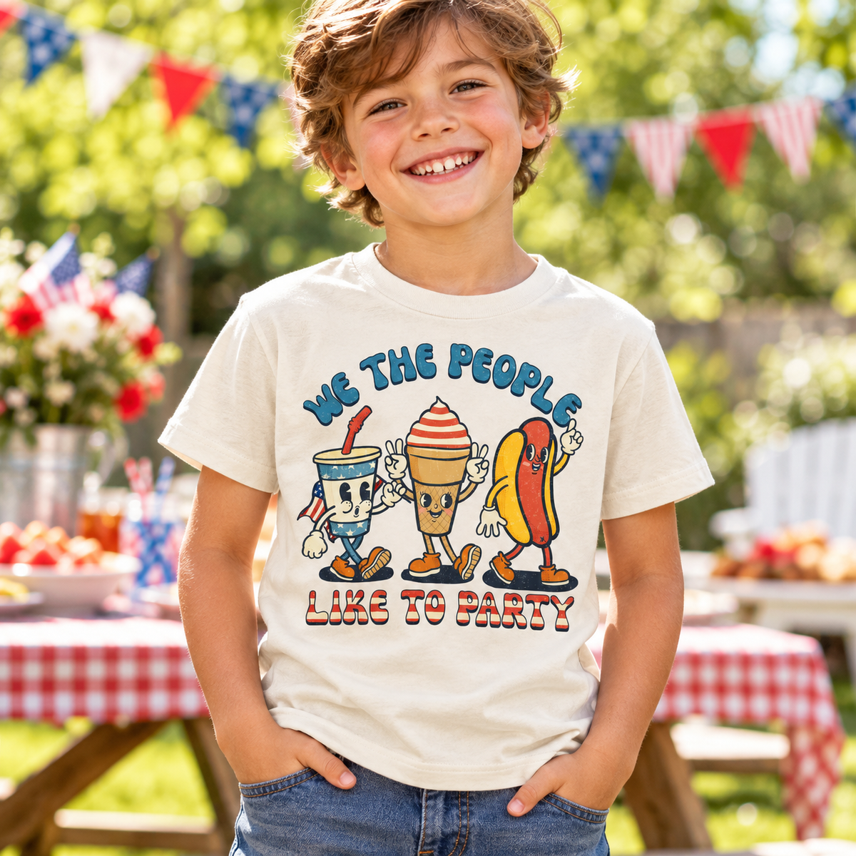 Child wearing a Natural We The People Like To Party Shirt at a patriotic summer gathering