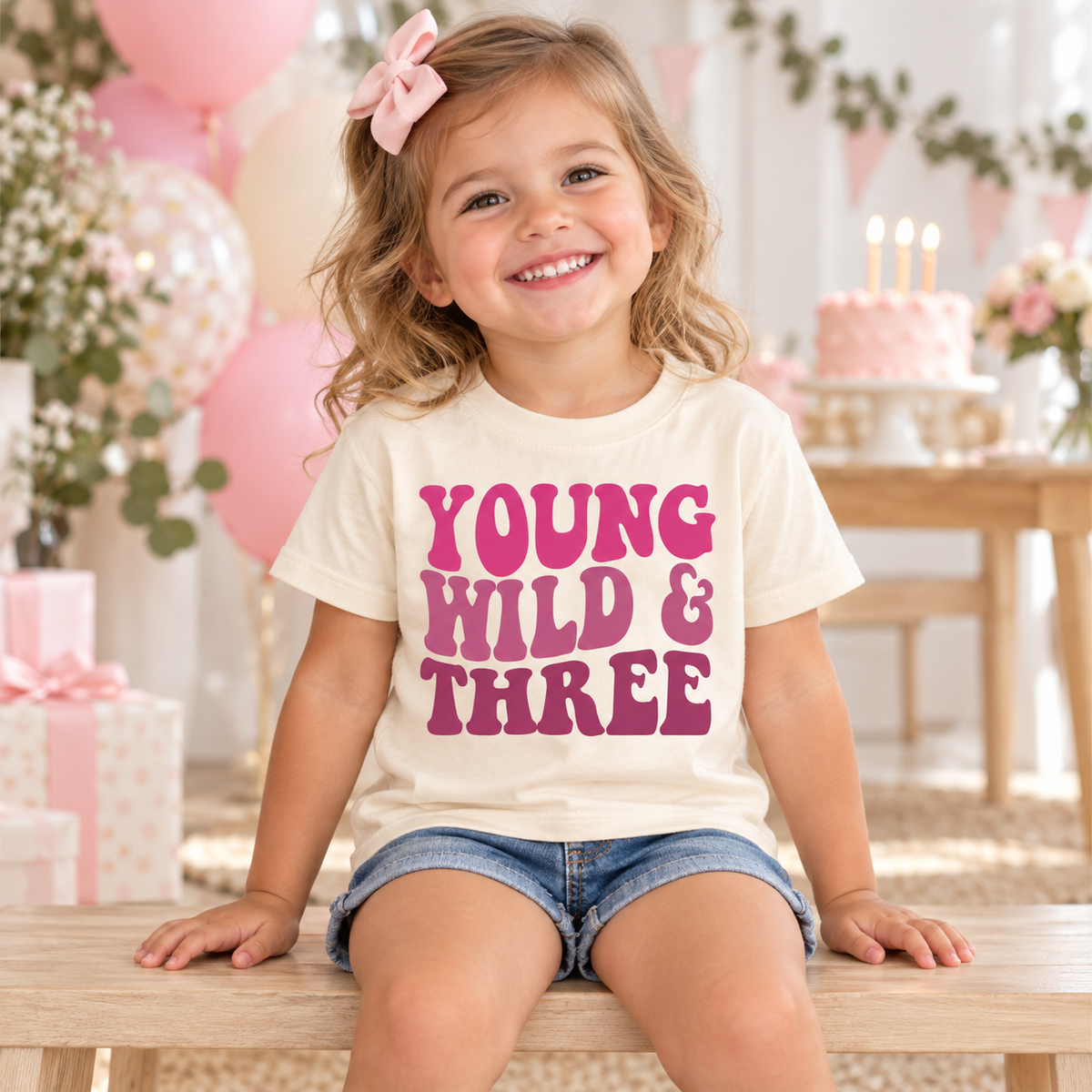 Girl wearing a natural Young Wild and Three shirt at a pink third birthday celebration.