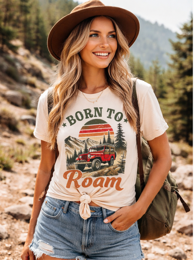 Born to Roam retro mountain outdoor adventure Comfort Colors shirt by Madi Moosh