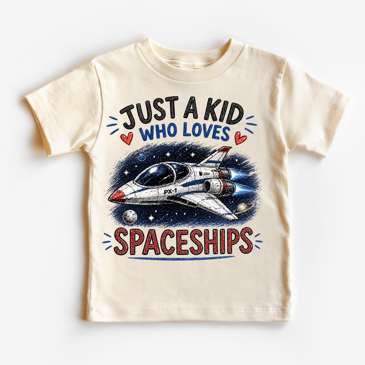 Just a Kid Who Loves Spaceships space rocket graphic shirt by Madi Moosh