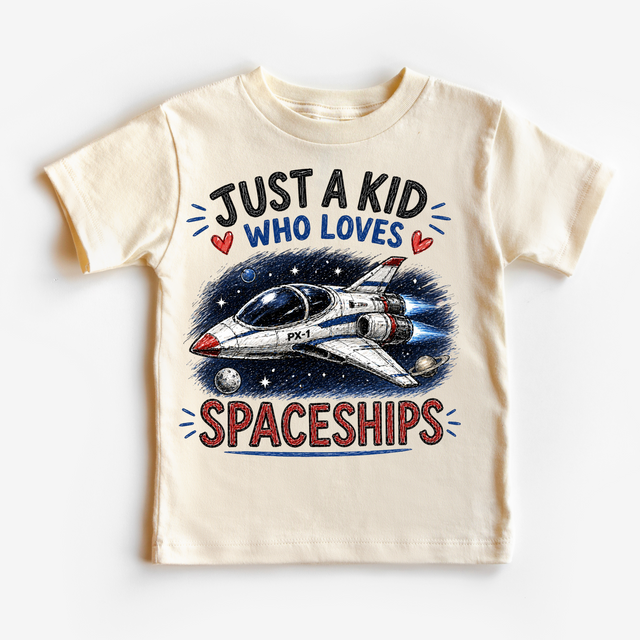 Just a Kid Who Loves Spaceships space rocket graphic shirt by Madi Moosh