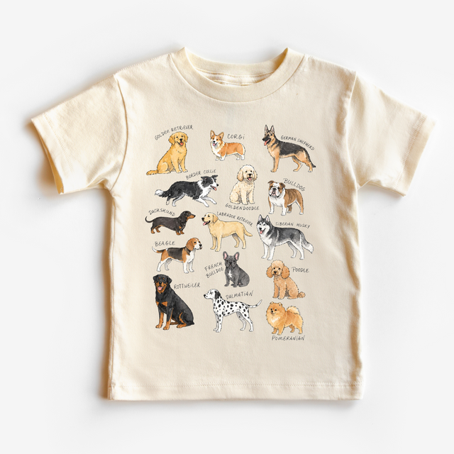 Dog Breeds puppy chart graphic shirt for kids by Madi Moosh