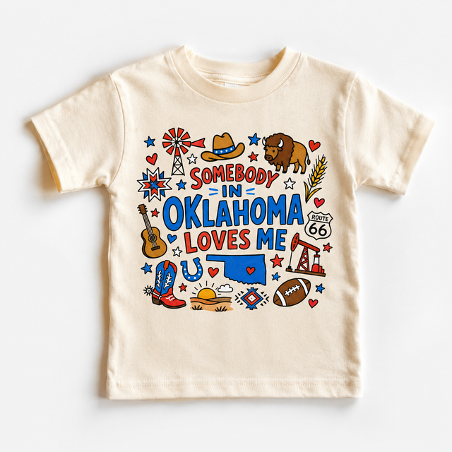 Somebody in Oklahoma Loves Me state-pride kids graphic tee by Madi Moosh