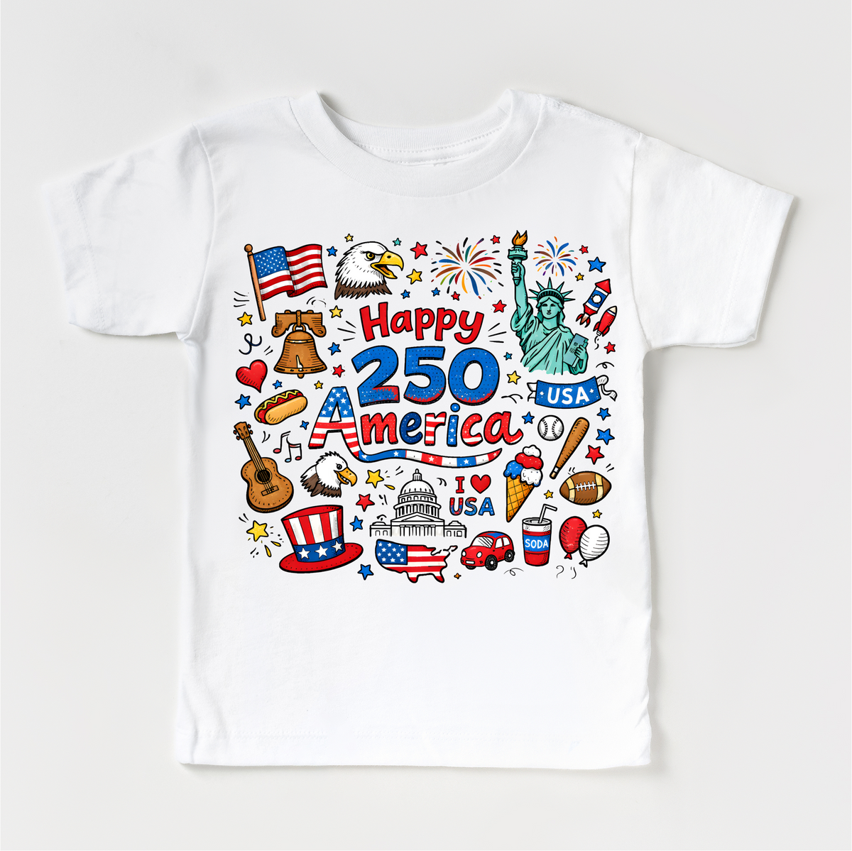 Happy 250 America icon collage kids shirt by Madi Moosh