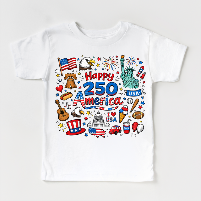 Happy 250 America icon collage kids shirt by Madi Moosh