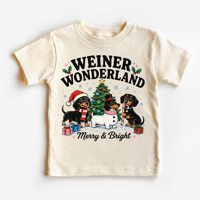 Natural Madi Moosh shirt with three holiday dachshunds, a Christmas tree, presents, and Merry and Bright lettering