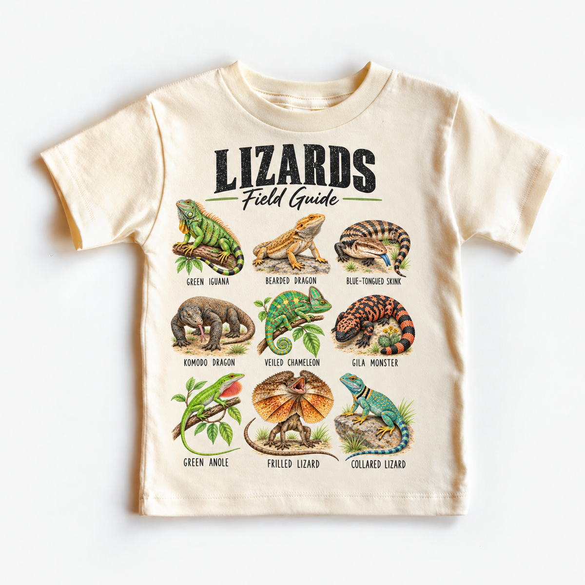 Lizard Field Guide graphic with nine detailed reptiles on a Natural short-sleeve tee