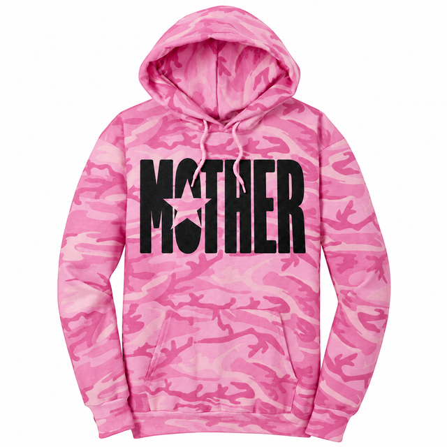 MOTHER star graphic on a Pink Camo pullover hoodie