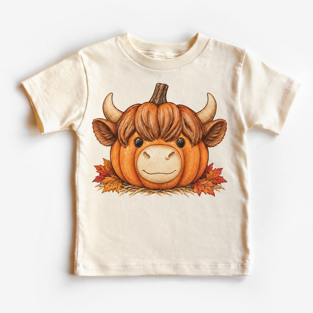 Natural short sleeve tee with a Highland cow-shaped pumpkin design