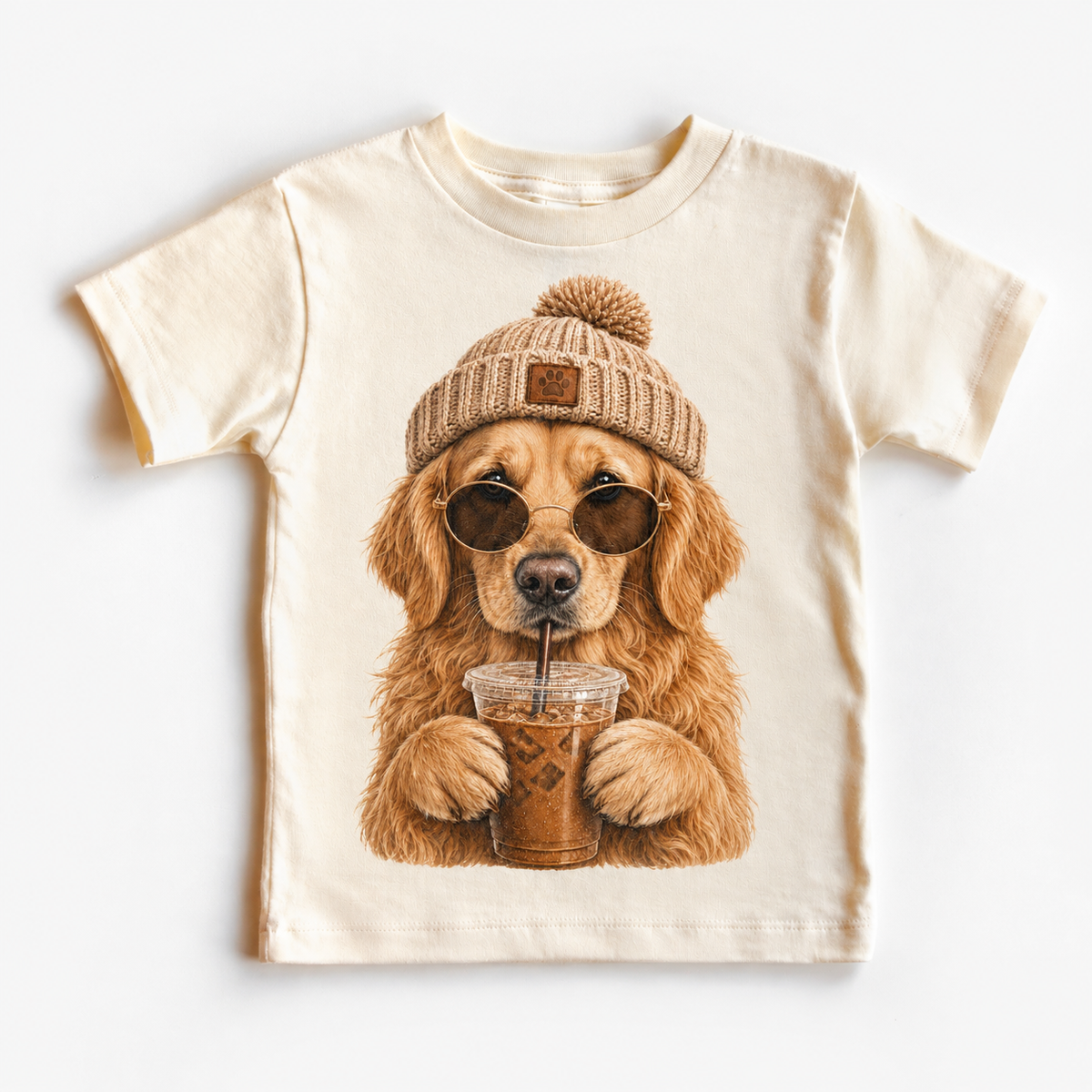 Golden retriever wearing glasses and a tan beanie while holding iced coffee on a natural short-sleeve tee