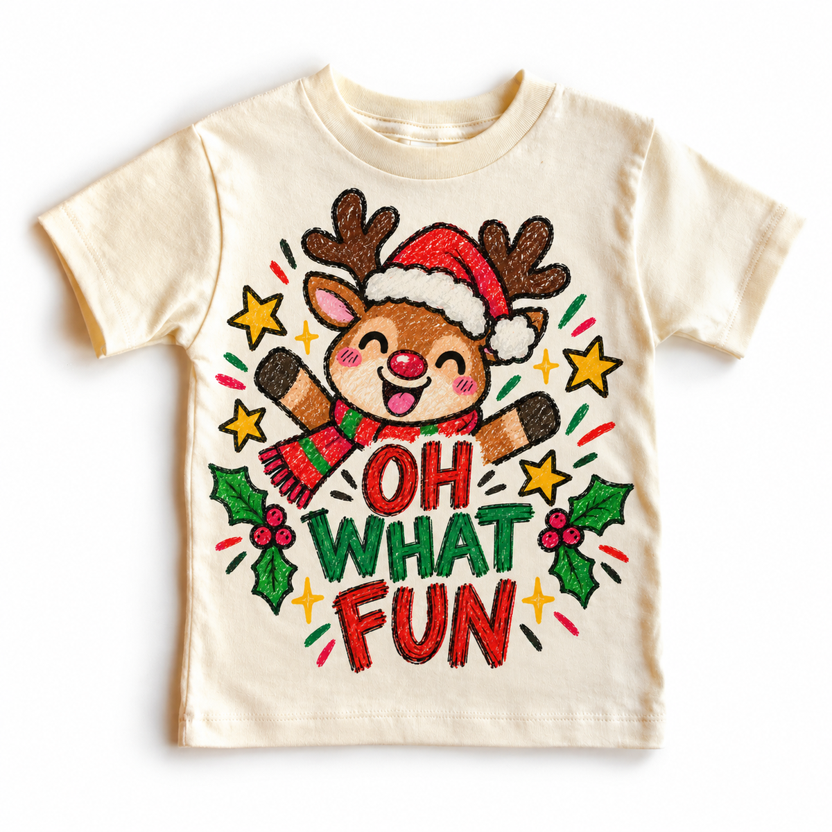 Oh What Fun red-nosed reindeer Christmas graphic on a natural tee