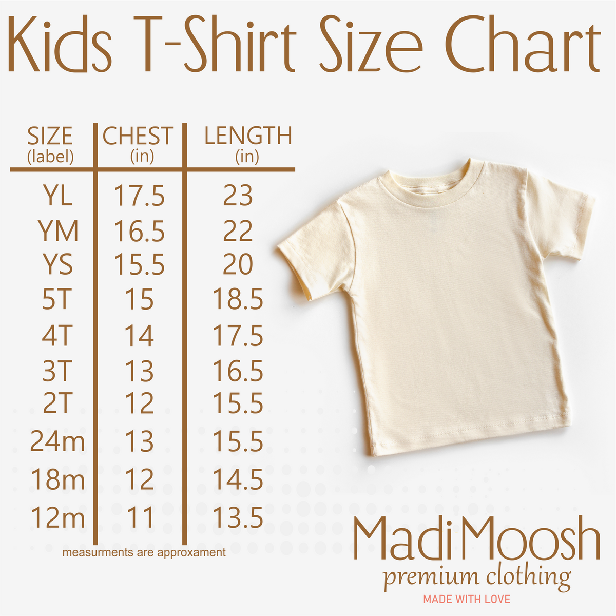 Madi Moosh shirt size chart and fit guide