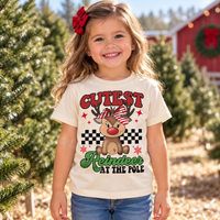 Girl wearing Cutest Reindeer at the Pole natural Christmas tee