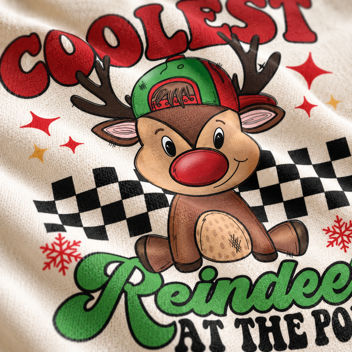 Illustrative close-up design preview of Coolest Reindeer at the Pole Shirt on natural fabric