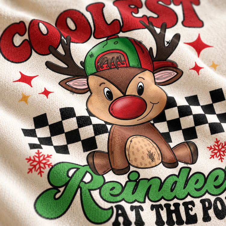 Illustrative close-up design preview of Coolest Reindeer at the Pole Shirt on natural fabric