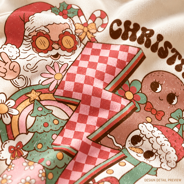 Illustrative close-up design preview of Christmas Characters Shirt on natural fabric