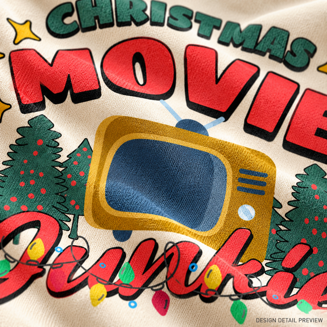 Illustrative close-up design preview of Christmas Movie Junkie Shirt on natural fabric