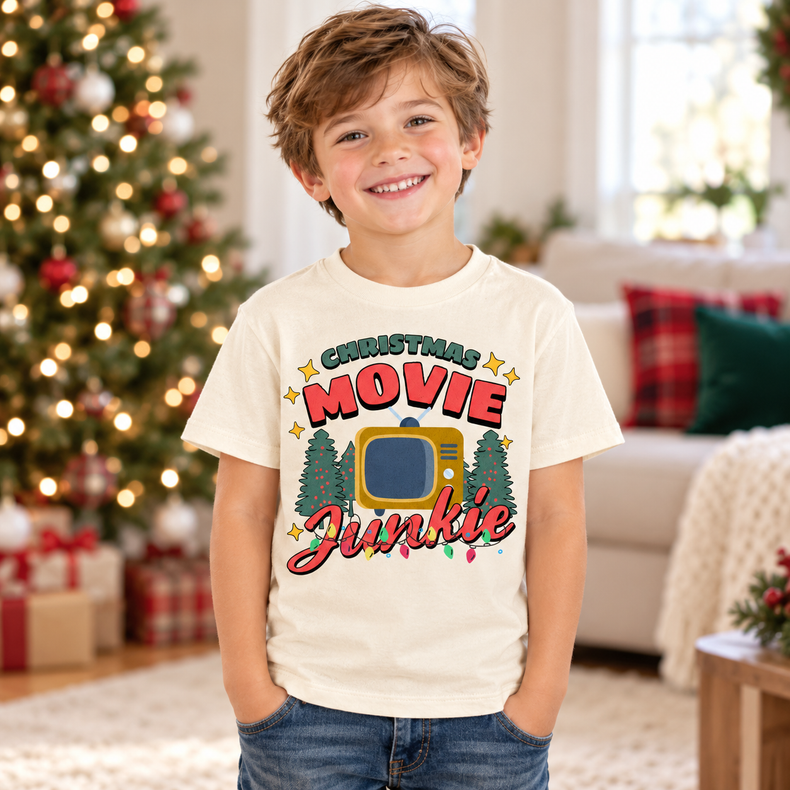 Child wearing natural Christmas Movie Junkie Shirt in a festive Christmas setting
