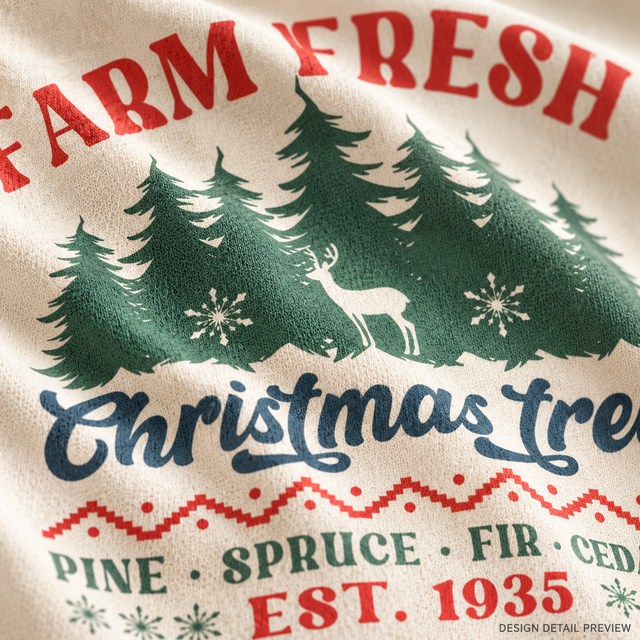 Illustrative close-up design preview of Farm Fresh Christmas Trees Shirt on natural fabric