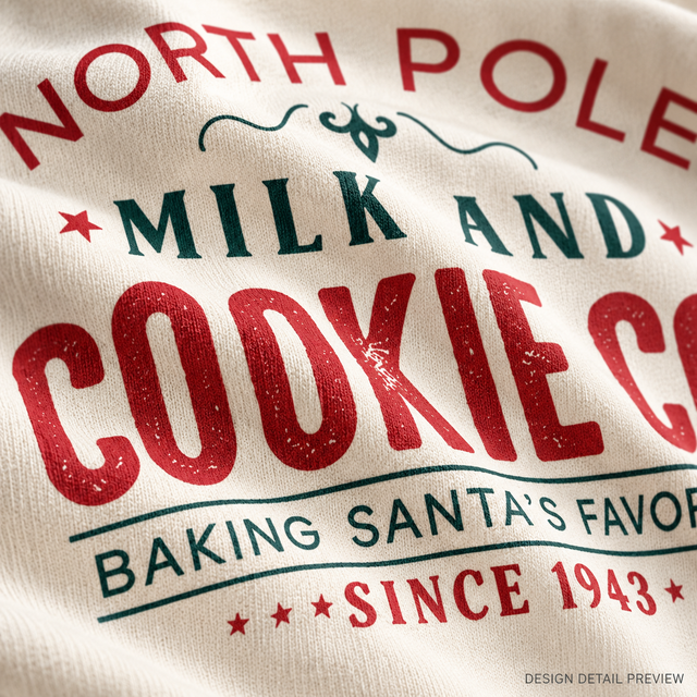 Illustrative close-up design preview of North Pole Milk and Cookie Company Shirt on natural fabric