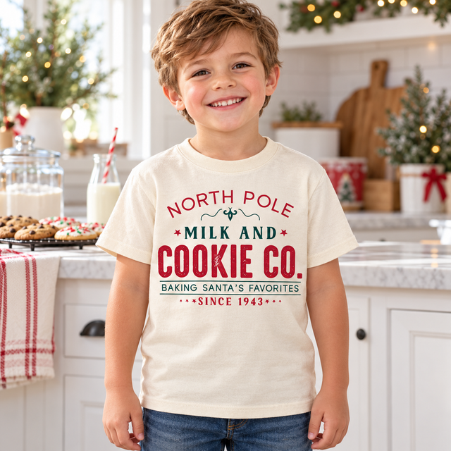 Child wearing natural North Pole Milk and Cookie Company Shirt in a festive Christmas setting
