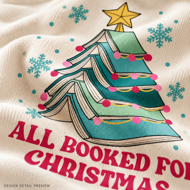 Illustrative close-up design preview of All Booked for Christmas Shirt on natural fabric