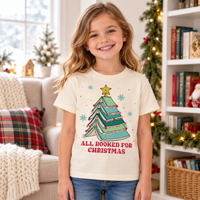 Child wearing natural All Booked for Christmas Shirt in a festive Christmas setting