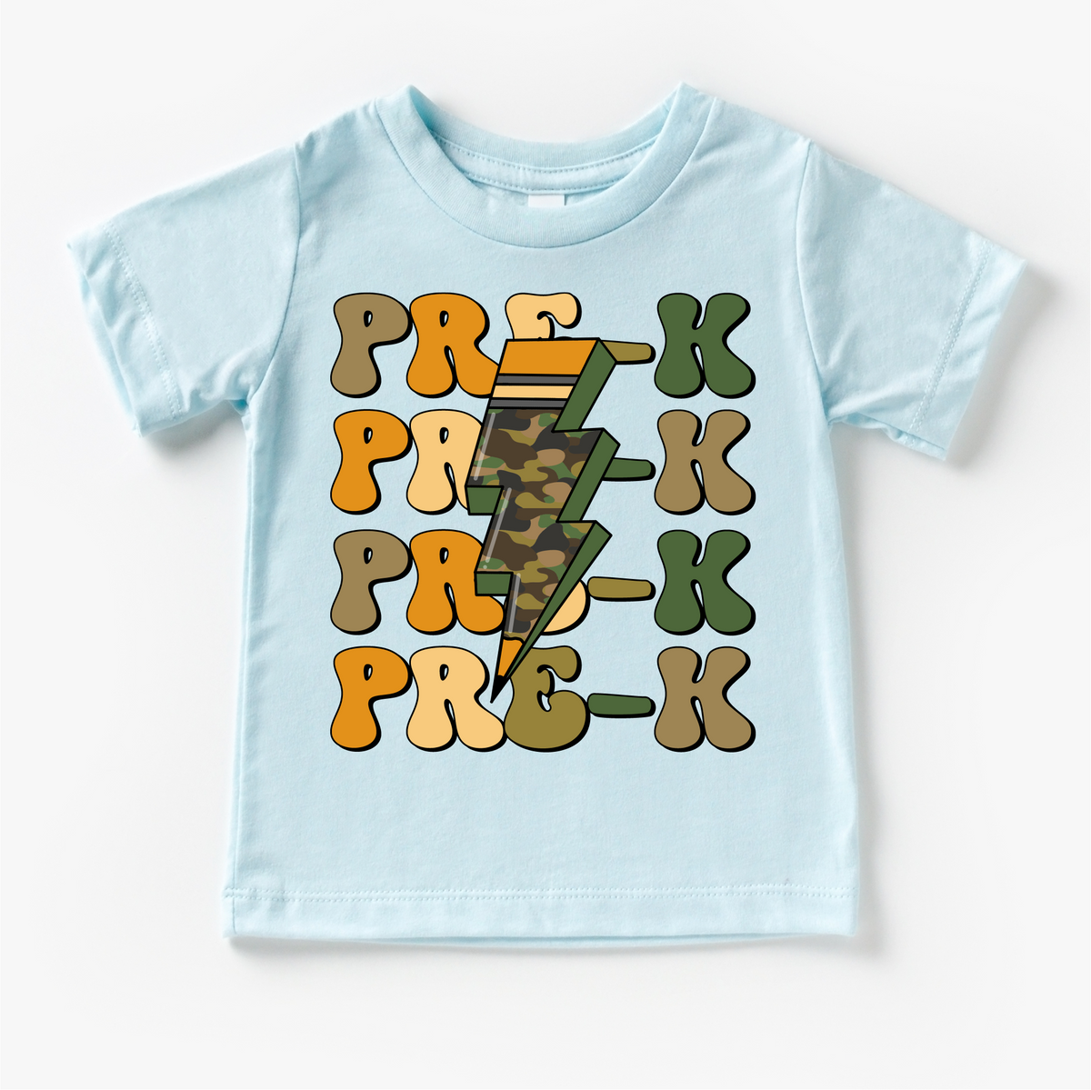 Pre-K Camo Lighting Bolt design on a blue garment.