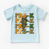 Pre-K Camo Lighting Bolt design on a blue garment.