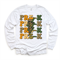 Pre-K Camo Lighting Bolt design on a long sleeve shirt.