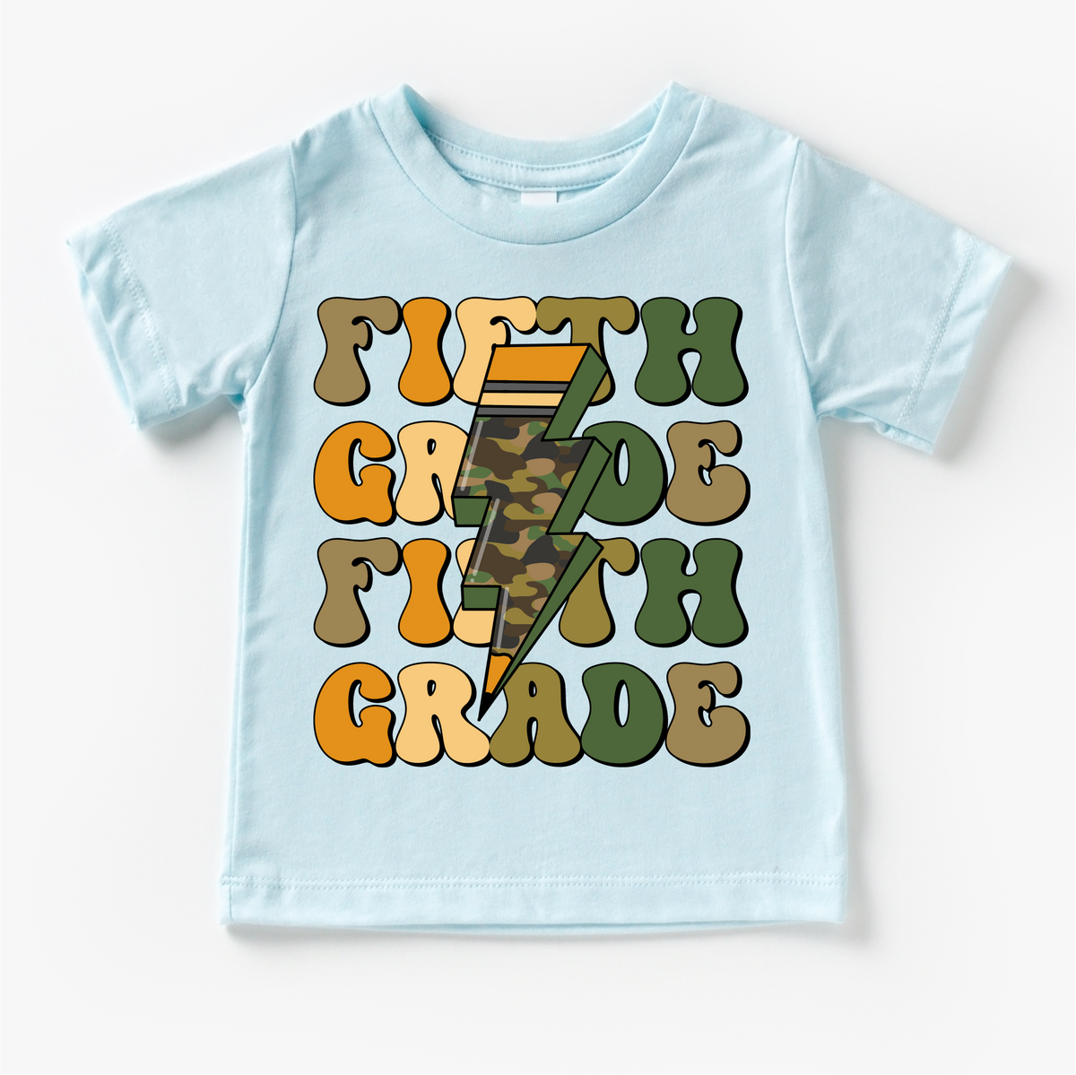 Fifth Grade Camo Lighting Bolt design on a blue garment.