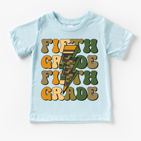 Fifth Grade Camo Lighting Bolt design on a blue garment.
