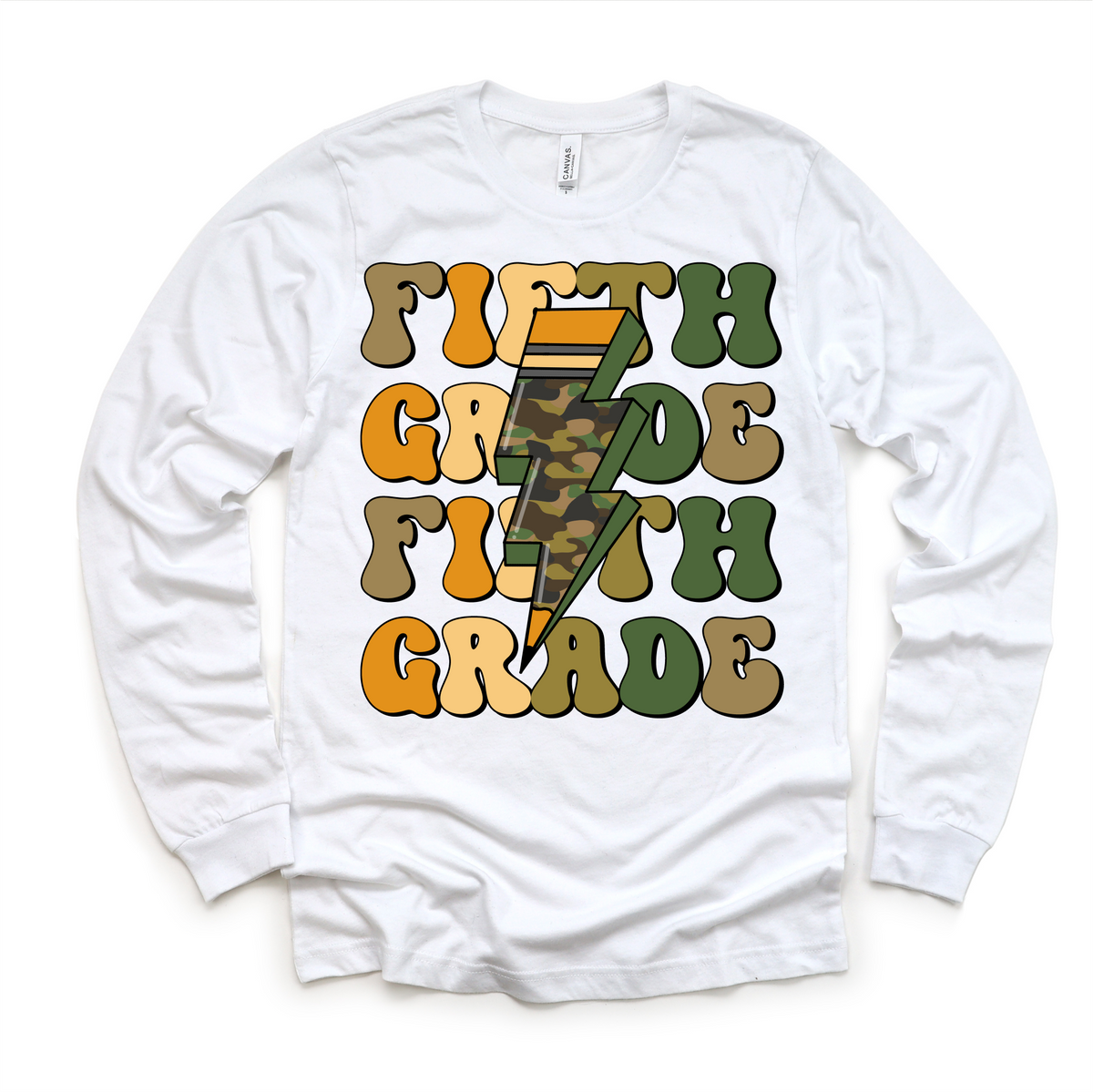 Fifth Grade Camo Lighting Bolt design on a long sleeve shirt.
