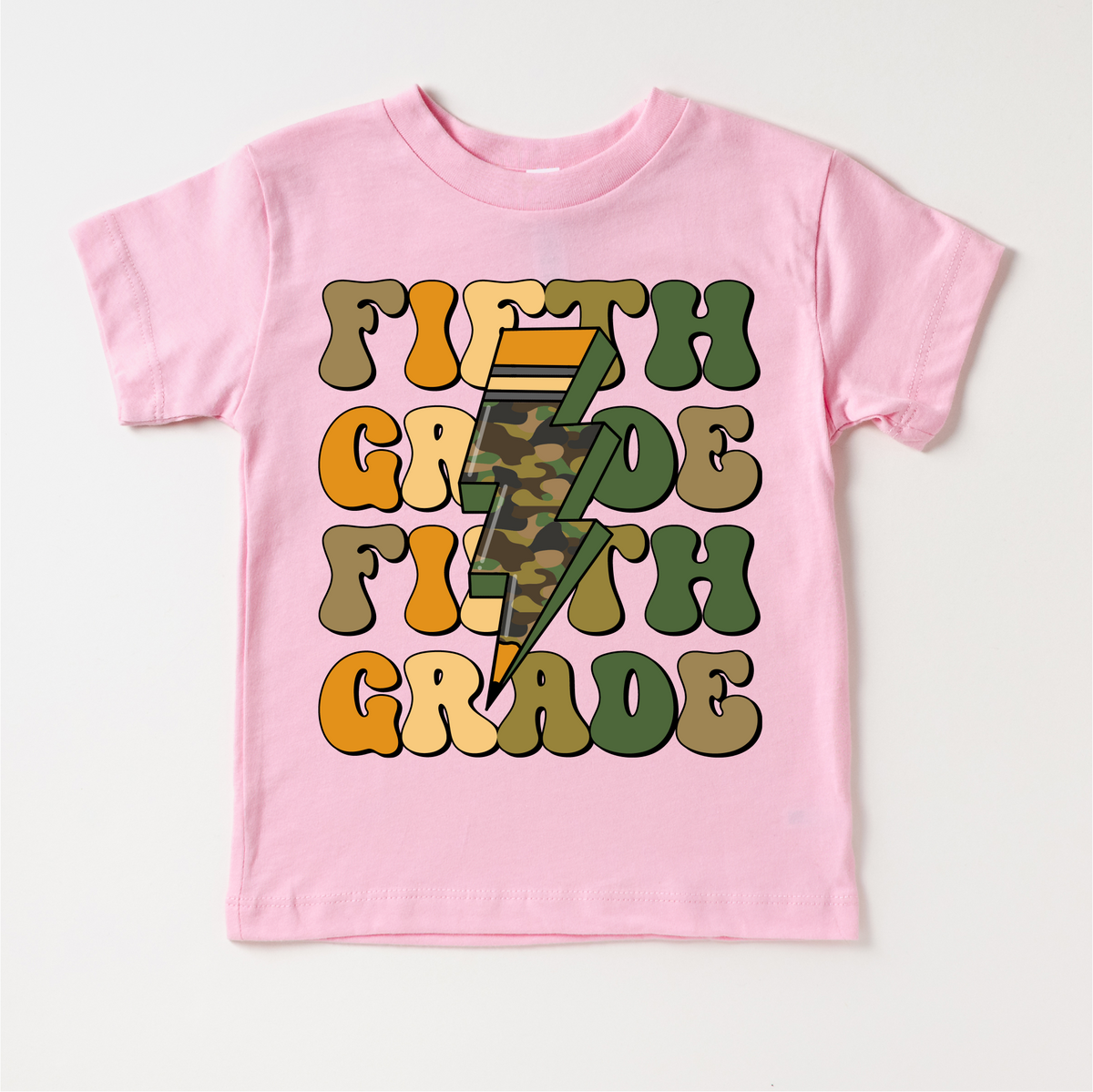 Fifth Grade Camo Lighting Bolt design on a pink garment.