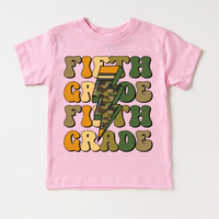 Fifth Grade Camo Lighting Bolt design on a pink garment.